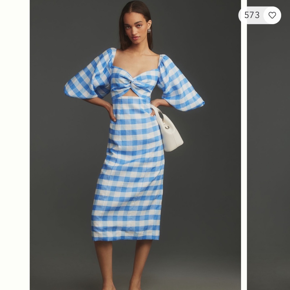 RHODE NWT Noa Linen Blouson Sleeve Column Gingham Blue Midi Dress Keyhole 4